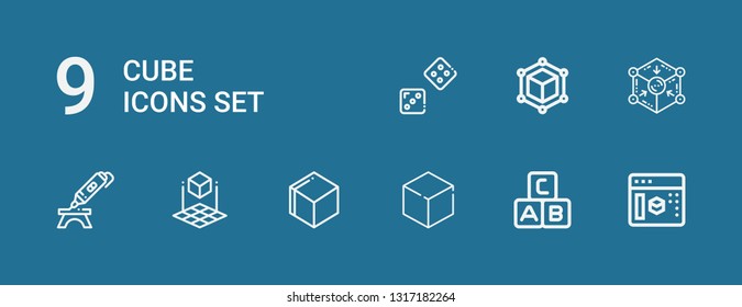 Editable 9 cube icons for web and mobile. Set of cube included icons line d modeling, Abc, Cube, d d printing pen, Dice on blue background