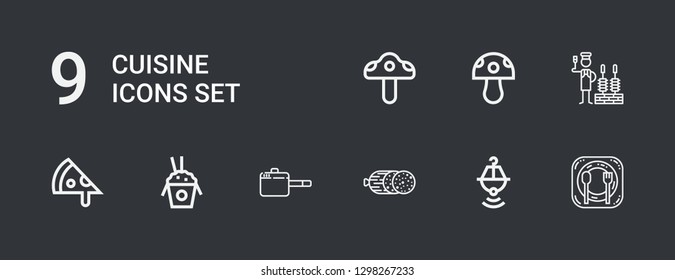 Editable 9 cuisine icons for web and mobile. Set of cuisine included icons line Restaurant, Pot, Salami, Pan, Rice, Pizza, Churrasco, Mushroom on dark background