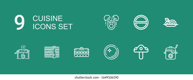 Editable 9 cuisine icons for web and mobile. Set of cuisine included icons line Pot, Mushroom, Dish, Egg, Sushi, Roast, Spaghetti, Salt on green background