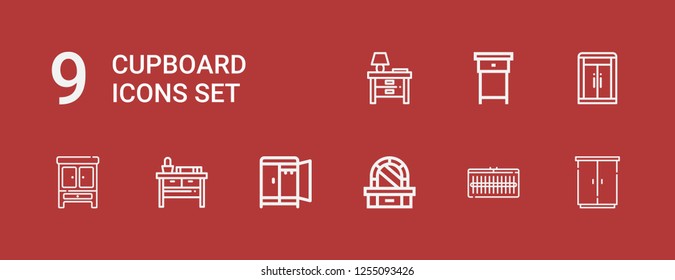 Editable 9 cupboard icons for web and mobile. Set of cupboard included icons line Wardrobe, Dressing table, Nightstand on red background