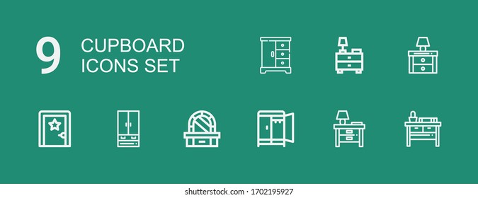 Editable 9 iconos de armario para web y móvil. Conjunto de armarios incluidos íconos línea Nightstand, armario, mesa de vestir, armario, sala de vestir sobre fondo verde