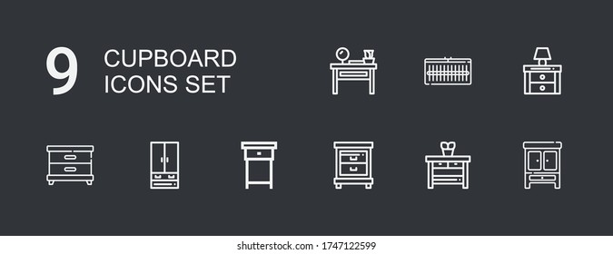 Editierbare 9 Schrank Icons für Web und Mobile. Set mit Schrank Ikonen Zeile Wardrobe, Nachttisch, Schrank, Dressing Tisch auf dunklem Hintergrund