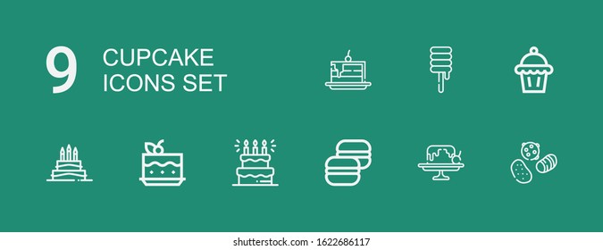 Editable 9 cupcake icons for web and mobile. Set of cupcake included icons line Sweets, Cake, Macaron, Birthday cake, Muffin, Sweet on green background