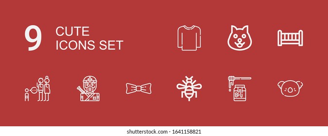 Editable 9 cute icons for web and mobile. Set of cute included icons line Koala, Honey, Bee, Bow, Ninja, Parenthood, Crib, Dog, Sweater on red background