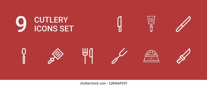 Editable 9 cutlery icons for web and mobile. Set of cutlery included icons line Knife, Plate, Fork, Restaurant, Spatula, Spoon on red background