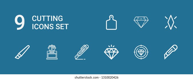 Editable 9 cutting icons for web and mobile. Set of cutting included icons line Cutter, Diamond, Cooking, Cutting board on blue background