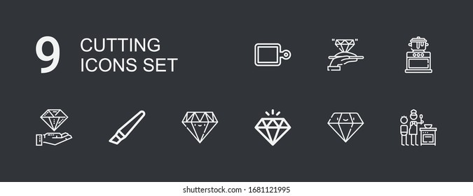 Editable 9 iconos de corte para web y móvil. Conjunto de corte incluido iconos línea Cocina, Diamante, Cutter, Cutting board en fondo oscuro