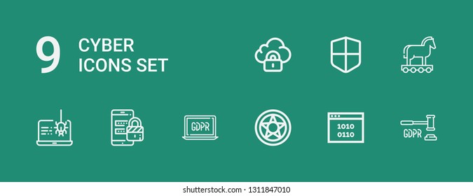 Editable 9 cyber icons for web and mobile. Set of cyber included icons line GDPR, Binary code, Data protection, Security, Spyware, Trojan, Firewall on green background