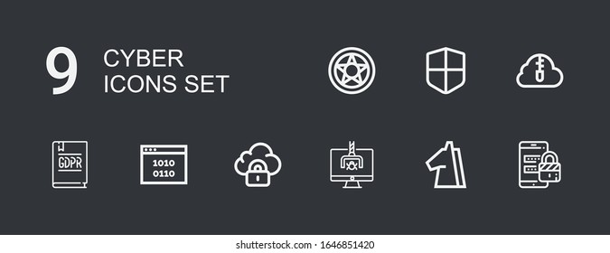 Editable 9 Cyber Icons For Web And Mobile. Set Of Cyber Included Icons Line Security, Trojan, Hacker, Binary Code, GDPR, Zip Cloud, Firewall, Data Protection On Dark Background