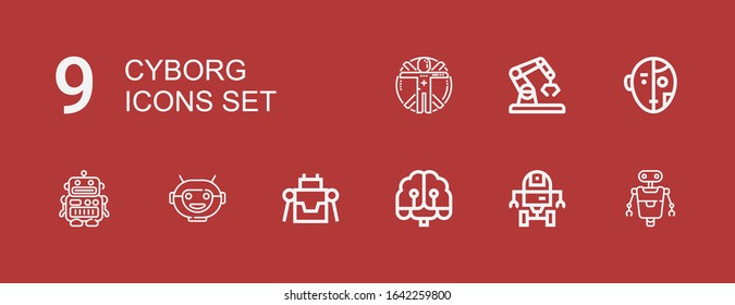 Editable 9 cyborg icons for web and mobile. Set of cyborg included icons line Robot, Space robot, Artificial intelligence, Robot mask, Transhumanism on red background