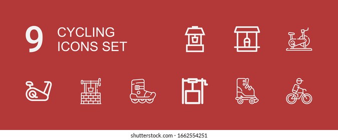 Editable 9 cycling icons for web and mobile. Set of cycling included icons line Cycling, Roller skate, Well, Stationary bike on red background