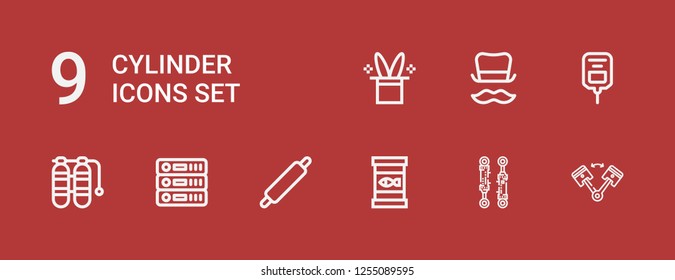 Editable 9 cylinder icons for web and mobile. Set of cylinder included icons line Piston, Canned food, Rolling pin, Database, Oxygen tank, Saline, Top hat, Magic hat on red background