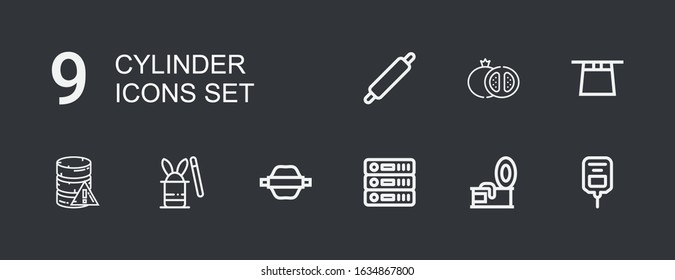 Editable 9 cylinder icons for web and mobile. Set of cylinder included icons line Saline, Tin, Database, Rolling pin, Magic hat, Grenade on dark background
