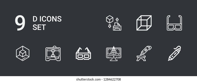 Editable 9 d icons for web and mobile. Set of d included icons line d printing pen, d model, glasses, printers, cube on dark background