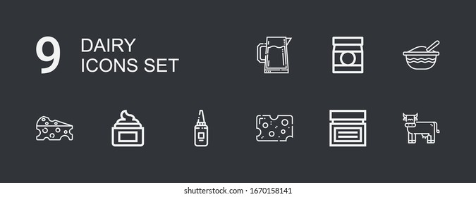 Editable 9 iconos lácteos para web y móvil. Conjunto de productos lácteos incluidos íconos de la línea Vaca, Crema, Queso, Mayonesa, Comida Bebé, Pitcher sobre fondo oscuro