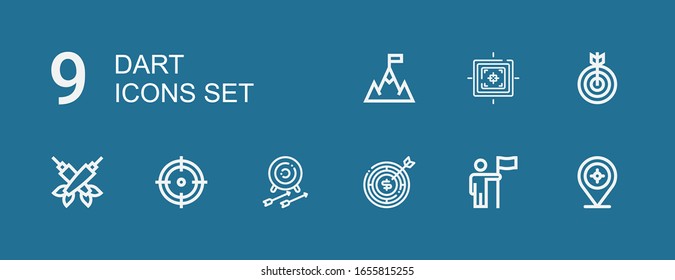 Editable 9 dardos iconos para web y móvil. Conjunto de dardos incluidos íconos línea Objetivo, Objetivo, Arco, Dardos sobre fondo azul