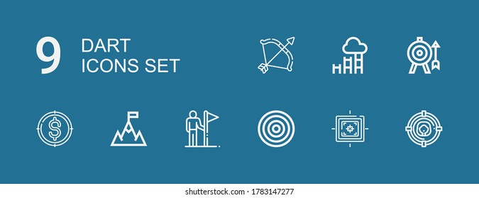 Editable 9 dart icons for web and mobile. Set of dart included icons line Target, Dartboard, Goals, Goal, Archery on blue background