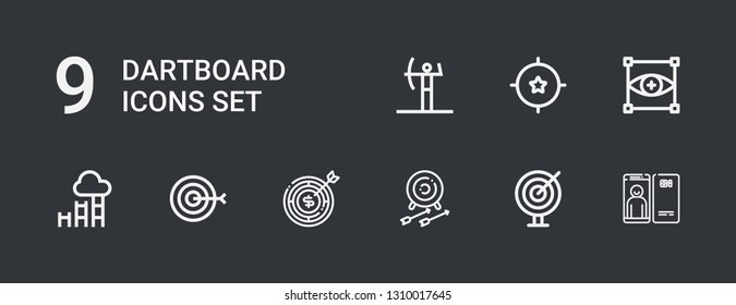 Editable 9 dartboard icons for web and mobile. Set of dartboard included icons line Focus, Darts, Archery, Target, Goal on dark background