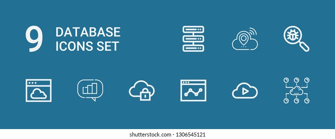 Editable 9 database icons for web and mobile. Set of database included icons line Cloud, Cloud computing, Analytics, Virus search, Server on blue background