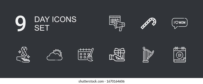 Editable 9 day icons for web and mobile. Set of day included icons line Calendar, Harp, Gift, Schedule, Sun cloud, Cancer, Mom, Candy cane on dark background