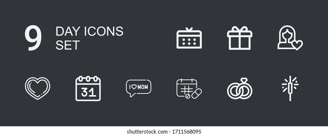 Iconos editables de 9 días para web y móvil. Conjunto de días incluía iconos línea Sparkler, Anillos de boda, Programación, Mamá, Calendario, Corazón, Derechos de la Mujer, Regalo en fondo oscuro