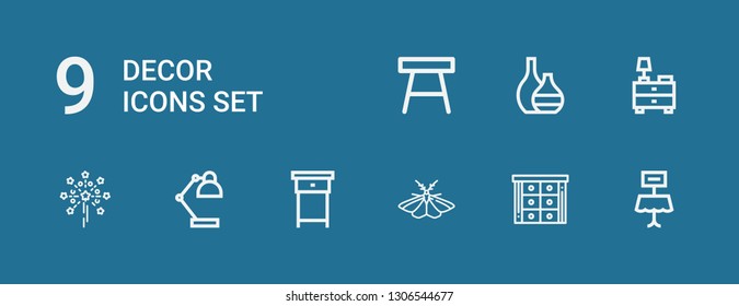 Editable 9 decor icons for web and mobile. Set of decor included icons line Table, Cabinet, Moth, Nightstand, Desk lamp, Fireworks, Vase on blue background