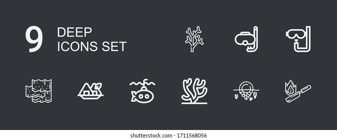 Editable 9 Deep Icons For Web And Mobile. Set Of Deep Included Icons Line Flambe, Iceberg, Coral, Submarine, Seaweed, Dive, Diving On Dark Background