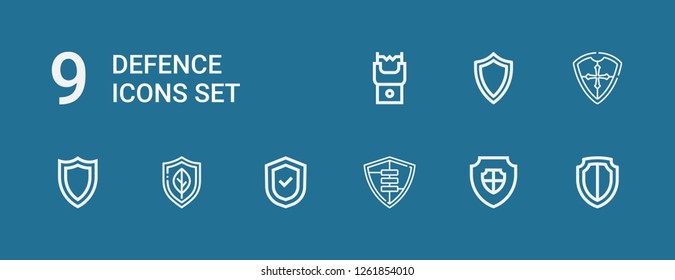 Editable 9 defence icons for web and mobile. Set of defence included icons line Shield, Stun gun on blue background