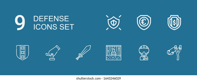 Editable 9 defense icons for web and mobile. Set of defense included icons line Slingshot, Military, Prisoner, Sword, Cannon, Shield on blue background