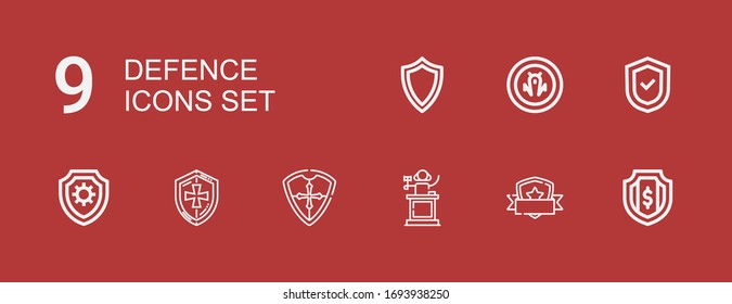 Editable 9 defense icons for web and mobile. Set of defense included icons line Shield, Judge on red background