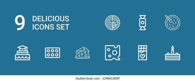 Editable 9 delicious icons for web and mobile. Set of delicious included icons line Cake, Chocolate, Cheese, Cupcake, Red bean soup, Candy, Prawn on blue background