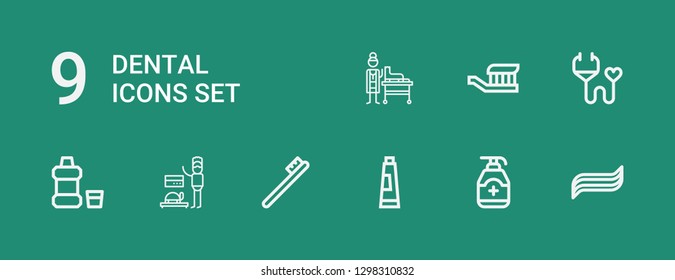 Editable 9 dental icons for web and mobile. Set of dental included icons line Toothpaste, Gel, Toothbrush, Veterinarian, Mouthwash, Medical insurance on green background