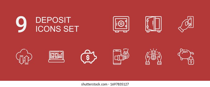Editable 9 deposit icons for web and mobile. Set of deposit included icons line Piggy bank, Profit, Transfer, Insert coin, Safebox, Safe deposit on red background