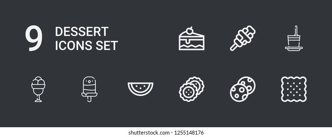 Editable 9 dessert icons for web and mobile. Set of dessert included icons line Biscuit, Cookies, Watermelon, Popsicle, Ice cream, Frozen yogurt, Cake on dark background