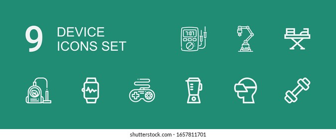 Editable 9 device icons for web and mobile. Set of device included icons line Weight, Vr glasses, Blender, Gamepad, Smartwatch, Vacuum, Iron, Industrial robot on green background