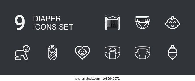 Editable 9 diaper icons for web and mobile. Set of diaper included icons line Spinning top, Diaper, Baby, Baby boy, Baby bed on dark background