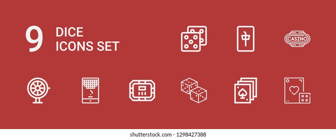 Editable 9 dice icons for web and mobile. Set of dice included icons line Dice, Poker, Dices, Poker table, Game, Roulette, Casino, Mahjong on red background