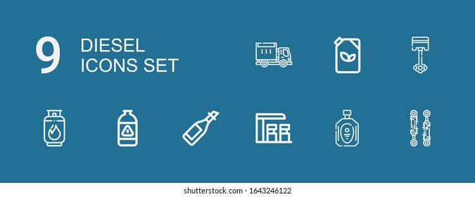 Editable 9 diesel icons for web and mobile. Set of diesel included icons line Piston, Oil, Gas station, Gas, Fuel, Lorry on blue background