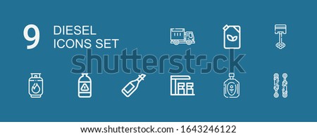 Editable 9 diesel icons for web and mobile. Set of diesel included icons line Piston, Oil, Gas station, Gas, Fuel, Lorry on blue background