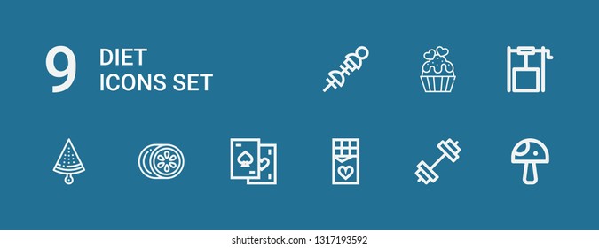Editable 9 diet icons for web and mobile. Set of diet included icons line Mushroom, Gym, Chocolate, Chips, Lemon, Watermelon, Well, Cupcake, Vegetables on blue background