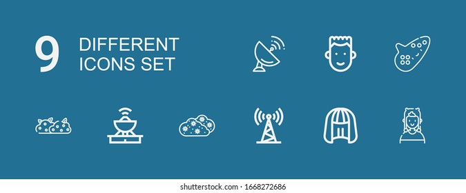 Editable 9 different icons for web and mobile. Set of different included icons line Boy, Wig, Antenna, Bush, Ocarina on blue background