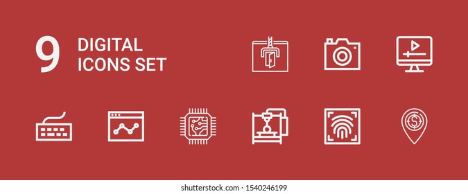 Editable 9 digital icons for web and mobile. Set of digital included icons line Placeholder, Fingerprint scan, d printer, Cpu, Analytics, Keyboard, Screen, Photo camera on red background