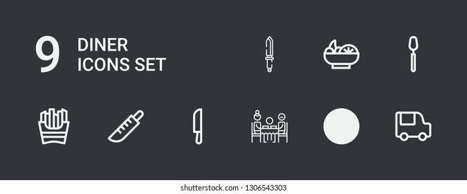 Editable 9 diner icons for web and mobile. Set of diner included icons line Food truck, Knife, Dinner, French fries, Spoon, Salad on dark background