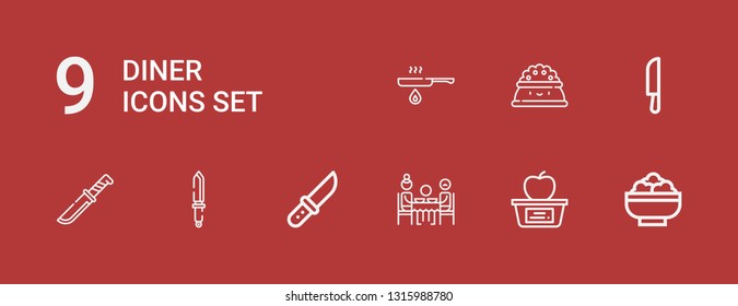 Editable 9 diner icons for web and mobile. Set of diner included icons line Salad, Lunch, Dinner, Knife, Plate, Fried on red background