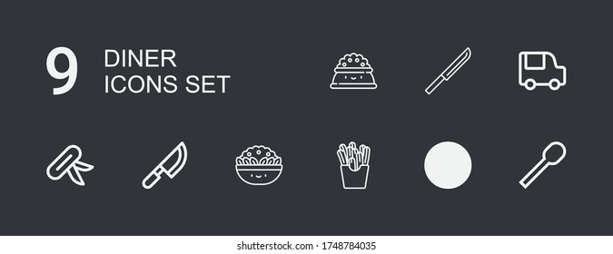 Editable 9 diner icons for web and mobile. Set of diner included icons line Spoon, Cutlery, French fries, Salad, Knife, Food truck, Plate on dark background