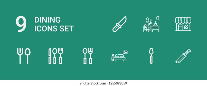 Editable 9 dining icons for web and mobile. Set of dining included icons line Knife, Spoon, Bedroom, Cutlery, Coffee shop, Terrace on green background