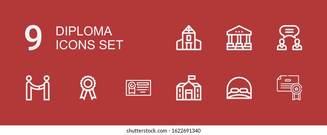 Editable 9 diploma icons for web and mobile. Set of diploma included icons line Certificate, Cap, School, Diploma, Agreement, Courthouse on red background