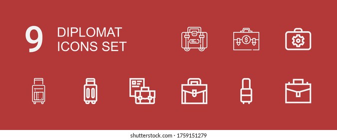 Editable 9 diplomat icons for web and mobile. Set of diplomat included icons line Suitcase, Briefcase on red background