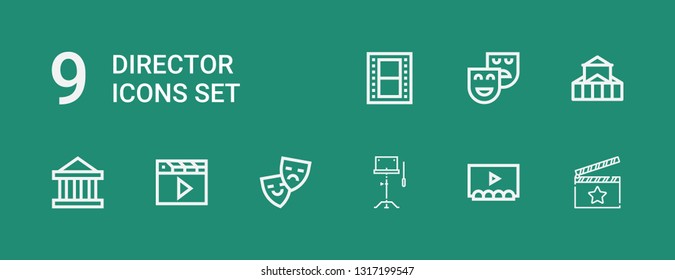 Editable 9 director icons for web and mobile. Set of director included icons line Clapperboard, Theater, Orchestra, Clapper, Theatre, Film on green background