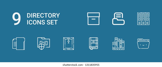 Editable 9 directory icons for web and mobile. Set of directory included icons line Folder, Contact list, Dossier, Archive on blue background